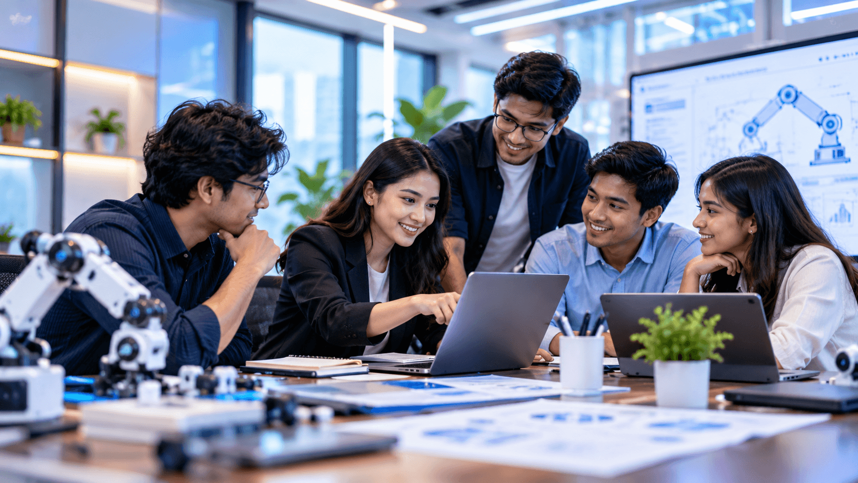 Team collaborating around laptops in an office