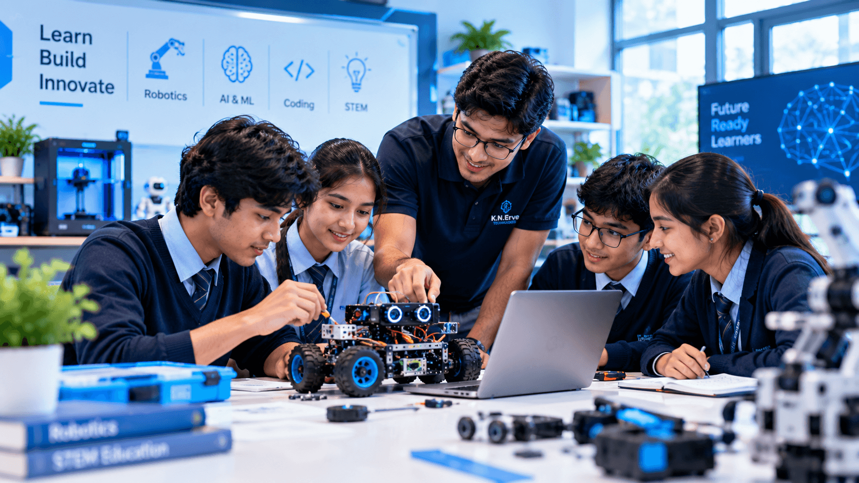 Instructor guiding students through a robotics project