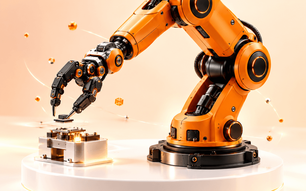 3D modern industrial smart manufacturing robotic arm on assembly floor