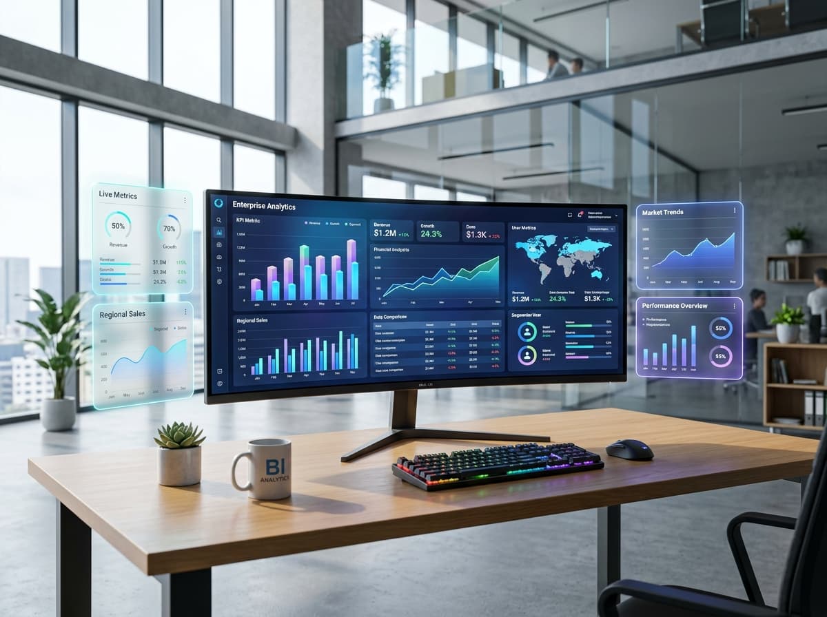 Ultra-wide monitor displaying enterprise business analytics 3D render